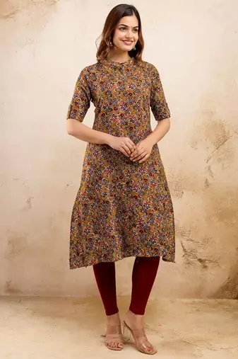  paisley kalamkari printed mandarin collar pure cotton a-line kurta