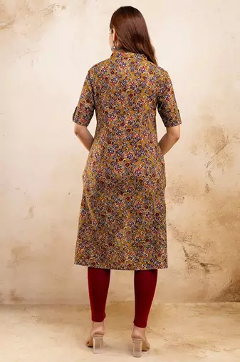  paisley kalamkari printed mandarin collar pure cotton a-line kurta