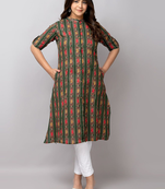 Fashion petals abstract ikat printed mandarin collar pure cotton a-line kurta