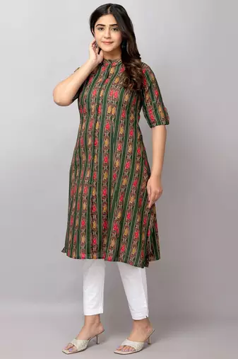  abstract ikat printed mandarin collar pure cotton a-line kurta