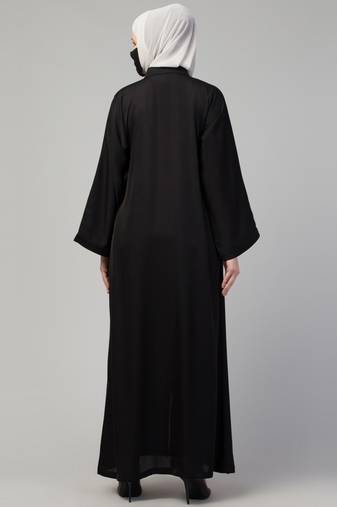Front open abaya in premium praada fabric with embellished tassels