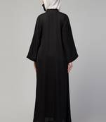 Front open abaya in premium praada fabric with embellished tassels