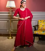 Red Full Embroidered Chikankari Work Anarkali With Pant & Dupatta Set For Women