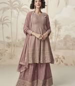 Light-mauve embroidered premium georgette sharara suit with dupatta
