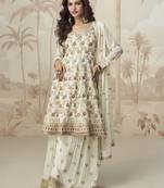Off-white floral embroidered premium georgette sharara suit with dupatta