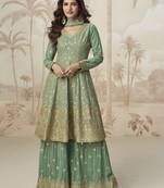 Green embroidered premium georgette sharara suit with dupatta