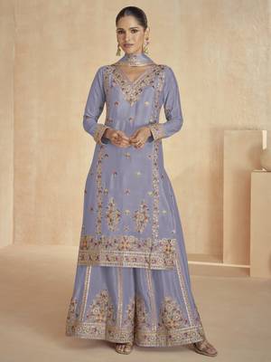 Light-purple floral embroidered chinnon silk sharara suit with dupatta 1
