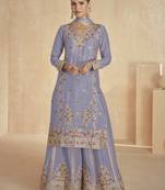Light-purple floral embroidered chinnon silk sharara suit with dupatta