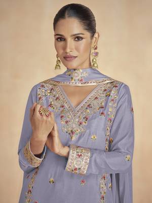 Light-purple floral embroidered chinnon silk sharara suit with dupatta 2