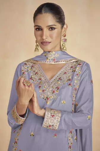 Light-purple floral embroidered chinnon silk sharara suit with dupatta