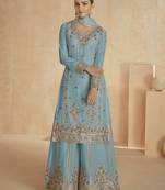 Light-sky floral embroidered chinnon silk sharara suit with dupatta