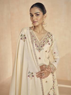 Cream floral embroidered chinnon silk sharara suit with dupatta 2