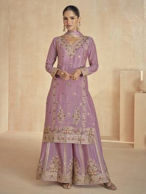 Dusty pink floral embroidered chinnon silk sharara suit with dupatta 1
