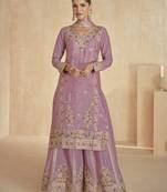 Dusty pink floral embroidered chinnon silk sharara suit with dupatta