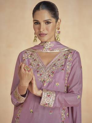Dusty pink floral embroidered chinnon silk sharara suit with dupatta 2