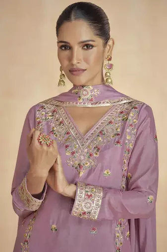 Dusty pink floral embroidered chinnon silk sharara suit with dupatta