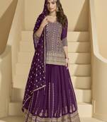 Deep purple heavy embroidered georgette skirt kurta with dupatta