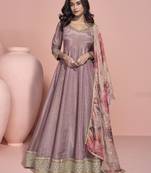Light-mauve embroidered art silk anarkali with printed dupatta