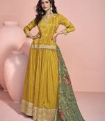 Mustard embroiderd art silk skirt kurta with printed dupatta