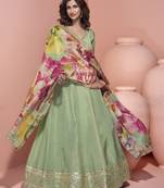 Green embroidered art silk anarkali with printed dupatta