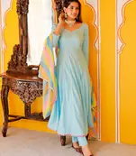 Aqua Blue Plus Size Heavy Gotta Work A Line Kurta Pant & Dupatta Set For Women 