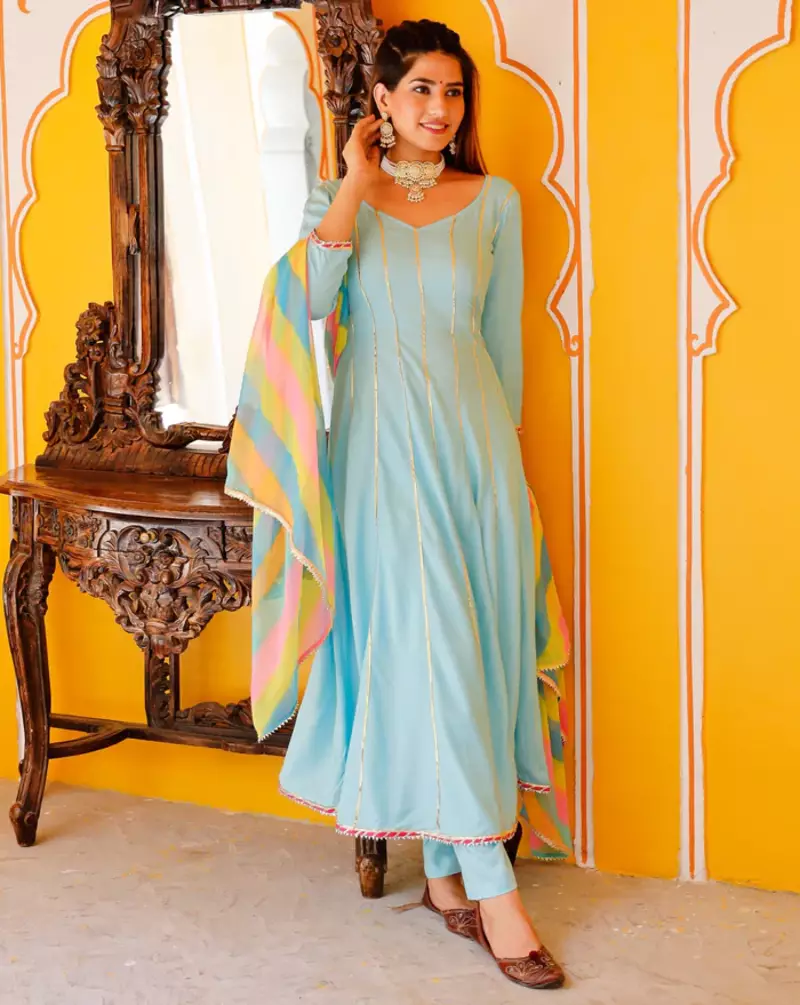 Aqua Blue Plus Size Heavy Gotta Work A Line Kurta Pant & Dupatta Set For Women 