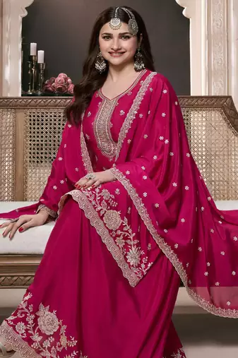 Pink embroidered chinon palazzo salwar suit