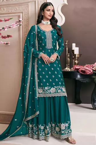 Teal green embroidered chinon semi-palazo salwar suit