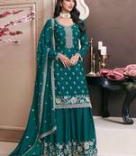 Teal green embroidered chinon semi-palazo salwar suit