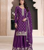 Purple embroidered chinon semi-palazo salwar suit