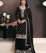 Black embroidered chinon semi-palazo salwar suit