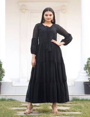 Fox Georgette with Flarred Suit With Chikankari work 1