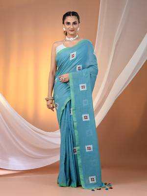 All over thread embroidery sky blue cotton saree 1