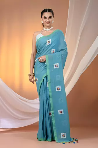All over thread embroidery sky blue cotton saree