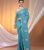 All over thread embroidery sky blue cotton saree