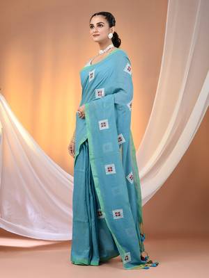 All over thread embroidery sky blue cotton saree 2