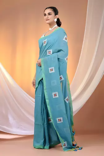 All over thread embroidery sky blue cotton saree
