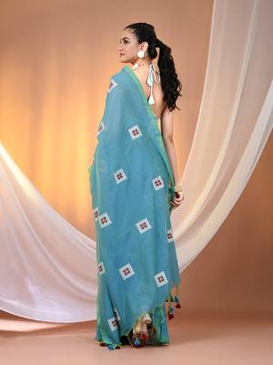All over thread embroidery sky blue cotton saree 3