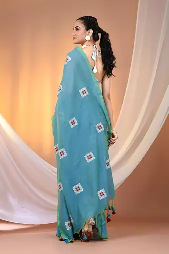 All over thread embroidery sky blue cotton saree