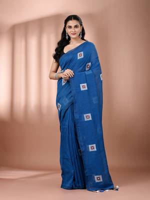 All over thread embroidery sapphire blue cotton saree 1
