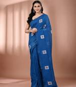 All over thread embroidery sapphire blue cotton saree