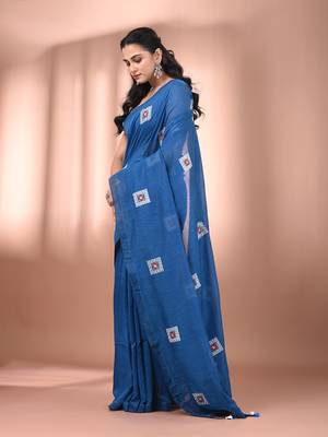 All over thread embroidery sapphire blue cotton saree 2