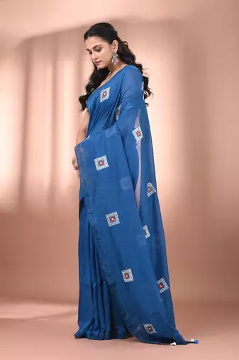 All over thread embroidery sapphire blue cotton saree