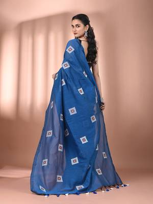 All over thread embroidery sapphire blue cotton saree 3