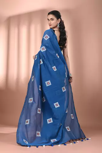 All over thread embroidery sapphire blue cotton saree