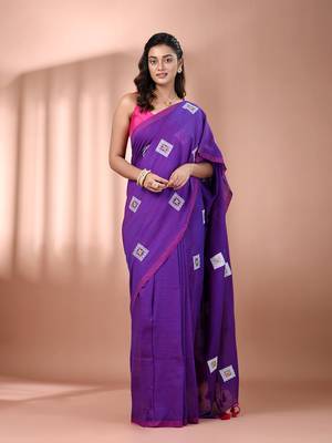 All over thread embroidery purple cotton saree 1