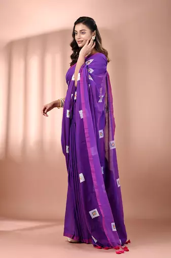 All over thread embroidery purple cotton saree