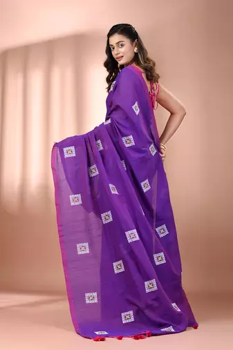 All over thread embroidery purple cotton saree