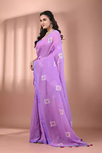 All over thread embroidery lilac dual tone cotton saree