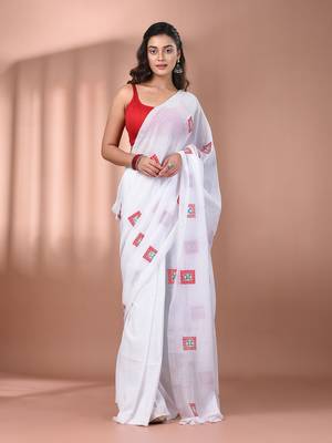 All over thread embroidery white cotton saree 1